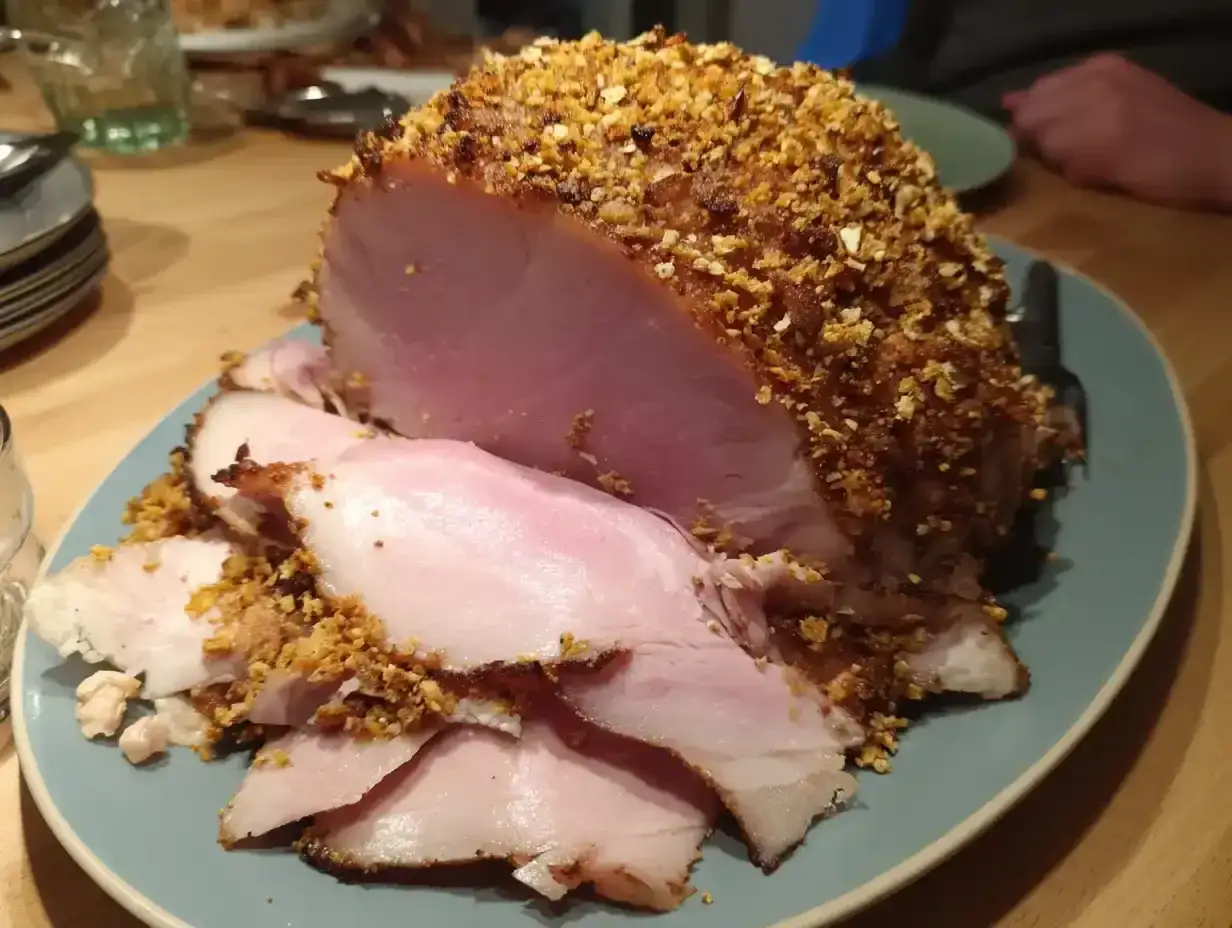 En saftig, griljerad kokt skinka med en krispig, nötig yta, upplagd på ett fat med skivor.