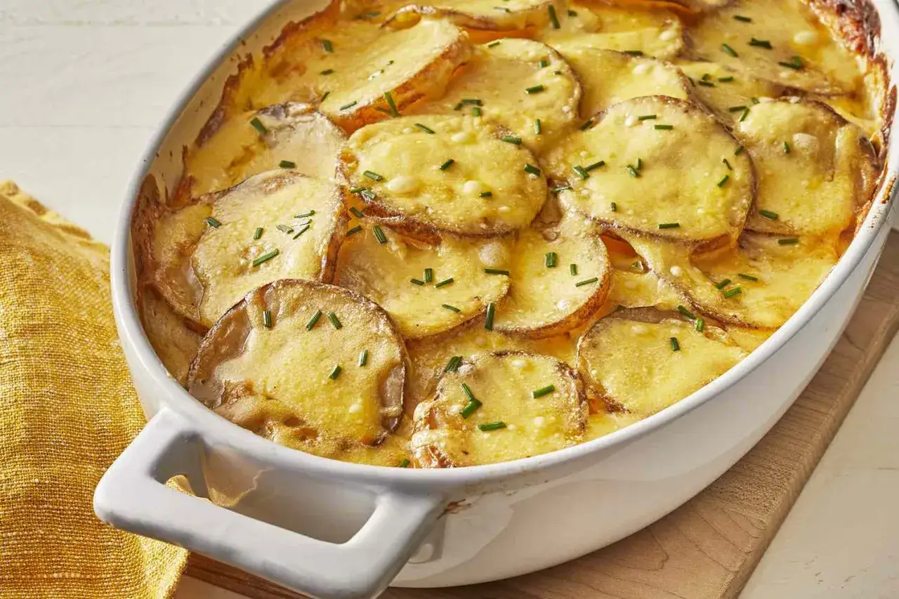 En krämig gratäng med tunna potatisskivor, toppad med ost och gräslök. En klassisk pommes anna som ser otroligt god ut.