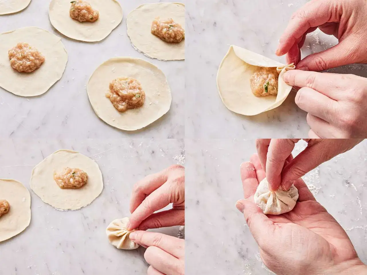 Steg för steg: dumplings recept. Fyll degplattor med köttfärs och vik ihop dem till fina dumplings.