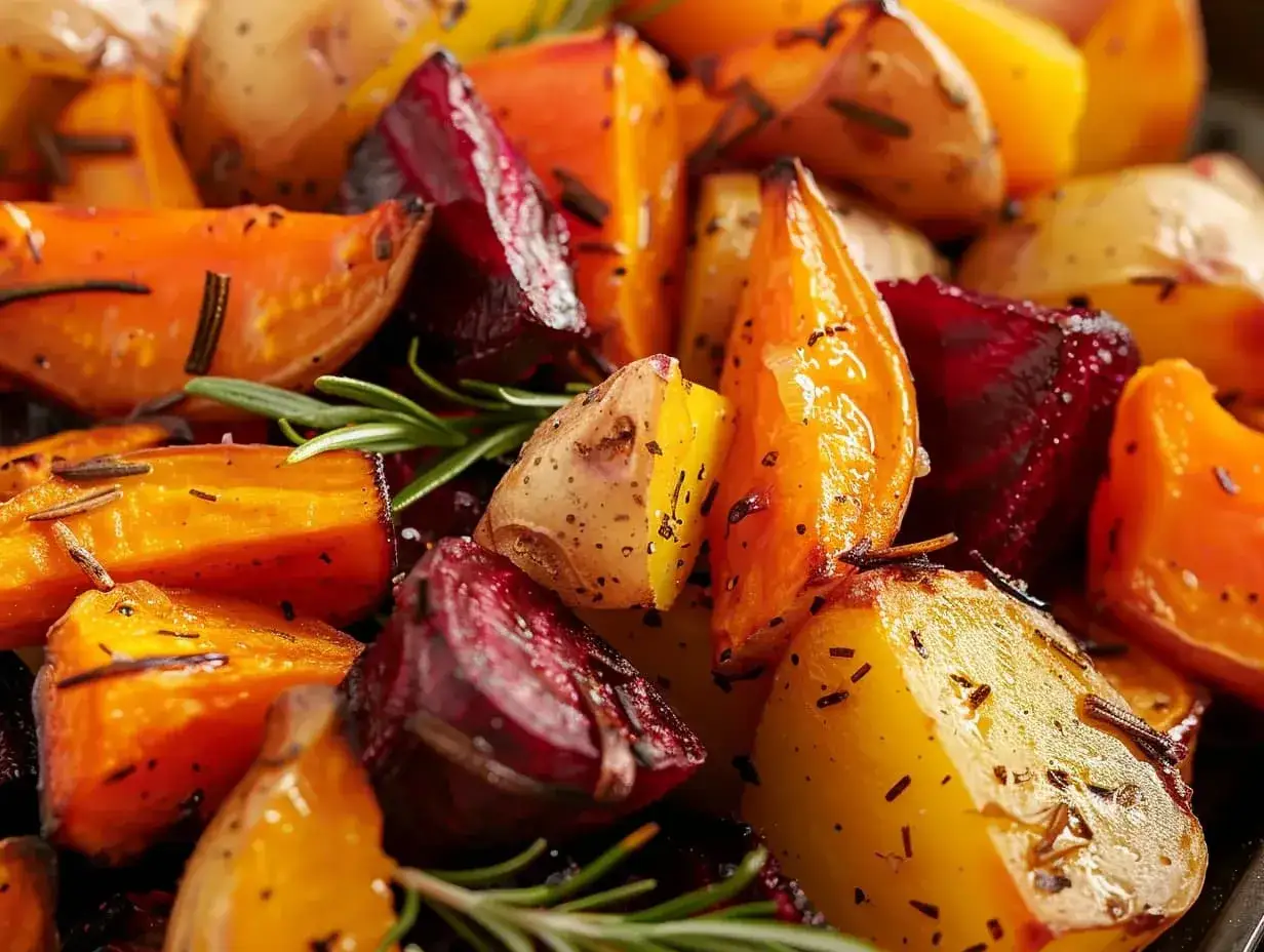 Ugnsrostade rotfrukter med rosmarin. En h&auml;rlig blandning av mor&ouml;tter, r&ouml;dbetor och potatis som f&aring;tt en gyllene yta i ugnen.