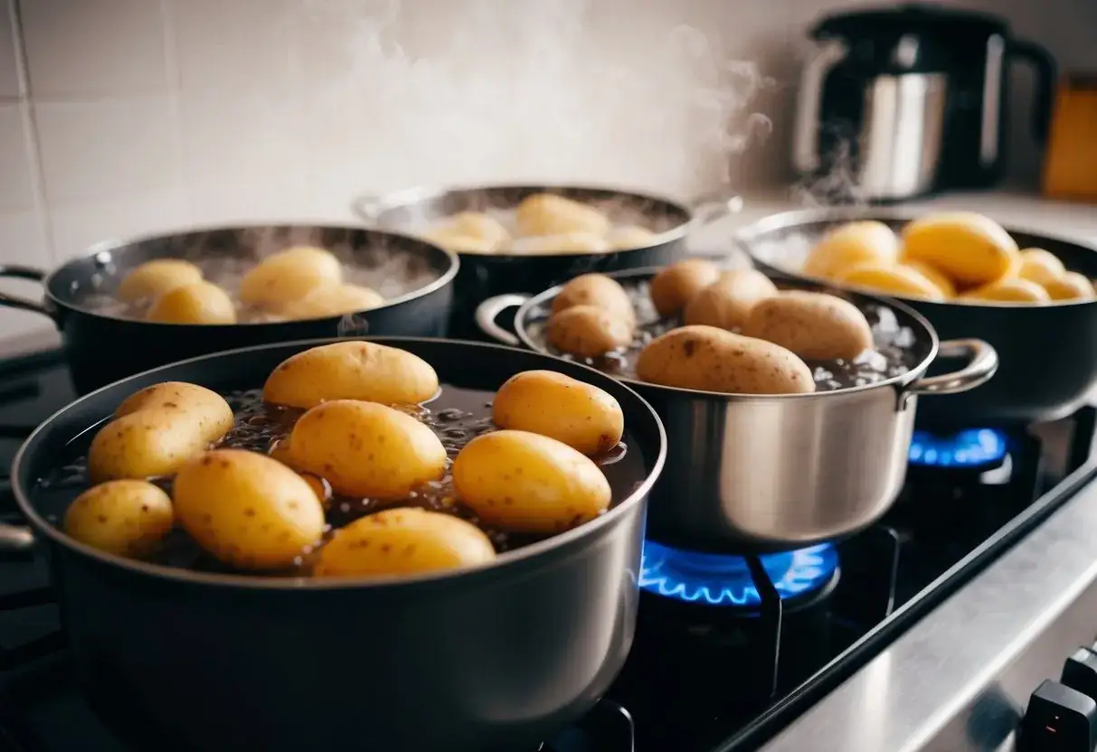Flera kastruller med potatis kokar på spisen. Ånga stiger upp. Enkel guide till hur kokar man potatis.