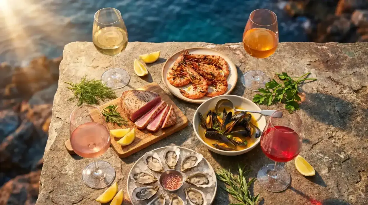 En härlig buffé med skaldjur, ostron, tonfisk och räkor. Perfekt vitt vin till skaldjur och andra delikatesser, njut vid havet.