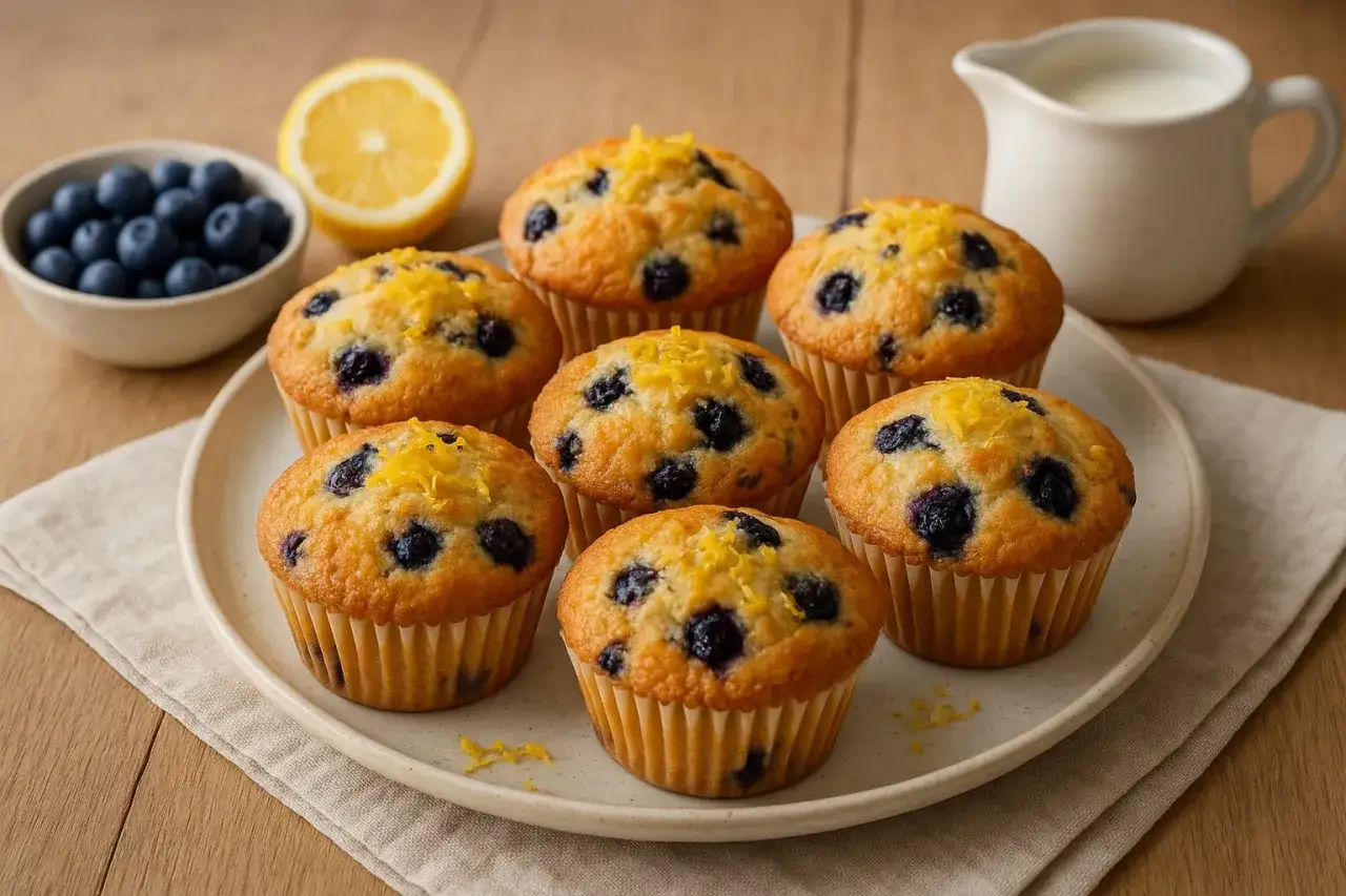 Sju fluffiga glutenfria muffins med bl&aring;b&auml;r och citronskal p&aring; en tallrik, med en sk&aring;l bl&aring;b&auml;r och en citronhalva i bakgrunden.