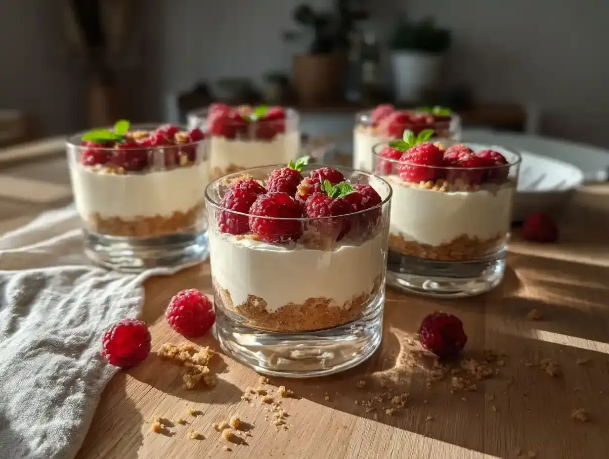Fluffig cheesecake i glas med krispig botten, toppad med färska hallon och mynta. En perfekt sommardessert!