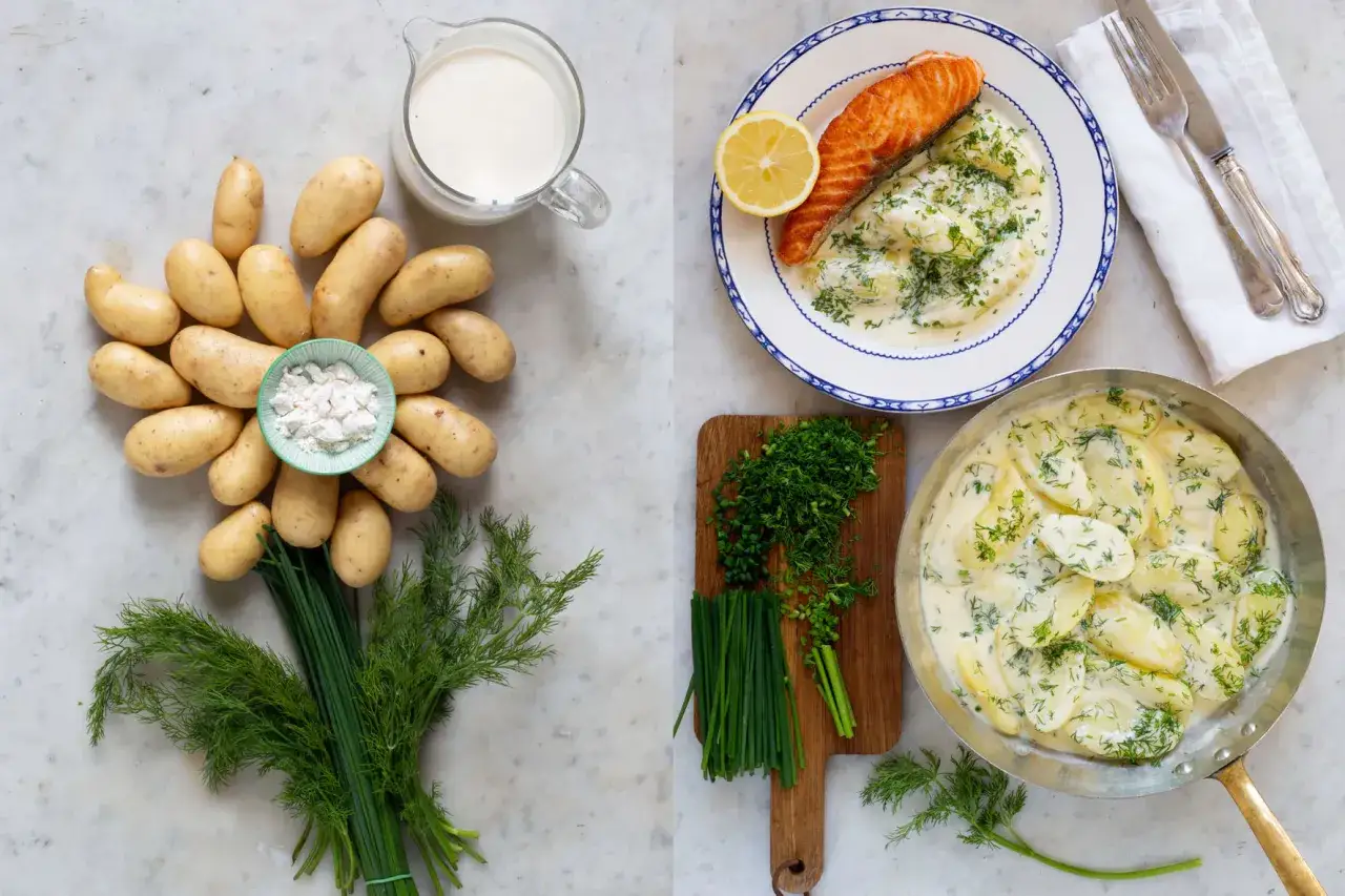 En härlig tallrik med lax och dillstuvad potatis, bredvid en panna med samma krämiga potatisrätt. Ingredienser som potatis, grädde och dill syns också.