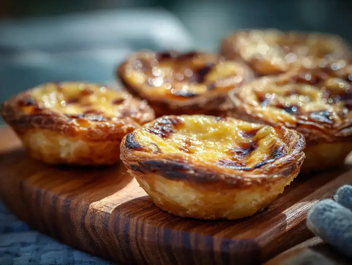 Fluffiga, gyllene pastel de nata p&aring; en tr&auml;sk&auml;rbr&auml;da. Krispiga kanter och kr&auml;mig fyllning.