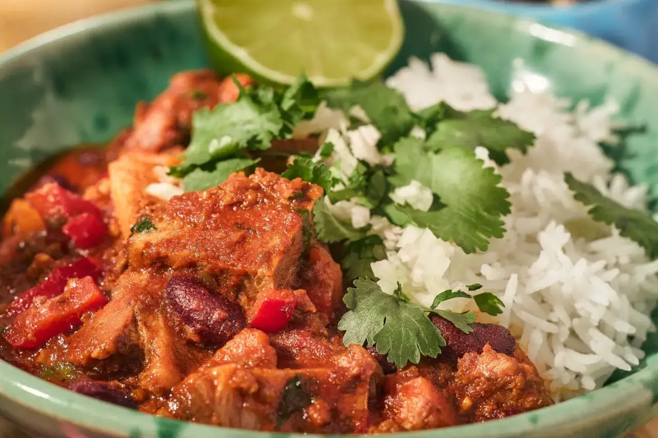 En skål med smakrik mexikansk mat: chili con carne med bönor, ris, koriander och en limeklyfta.