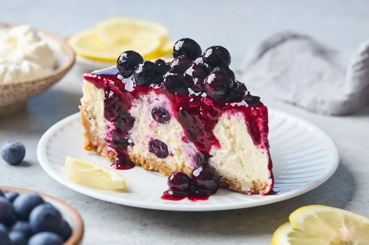 En saftig citron cheesecake med bl&aring;b&auml;rss&aring;s och f&auml;rska bl&aring;b&auml;r. En perfekt dessert f&ouml;r alla tillf&auml;llen.