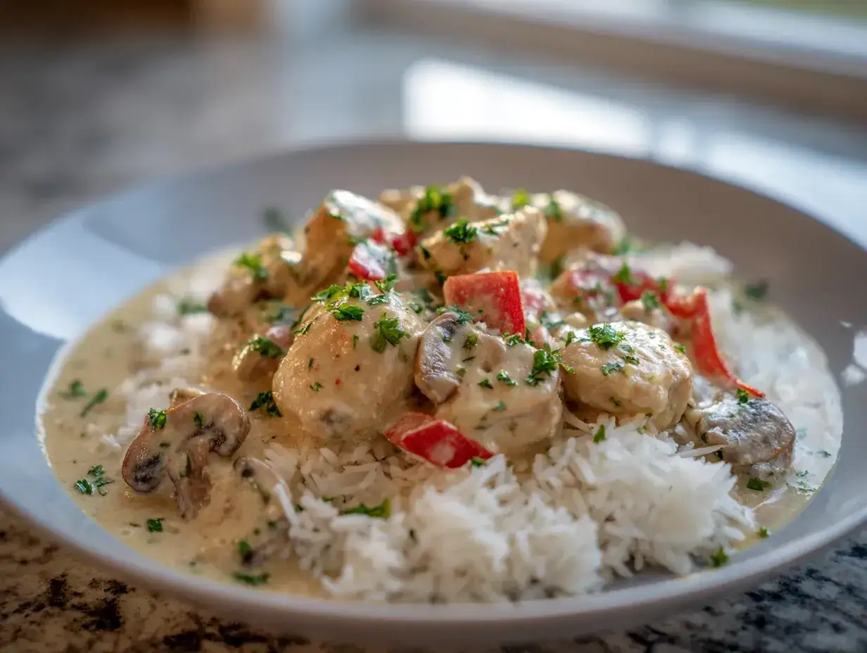En krämig chicken a la king med ris, toppad med persilja och bitar av röd paprika.