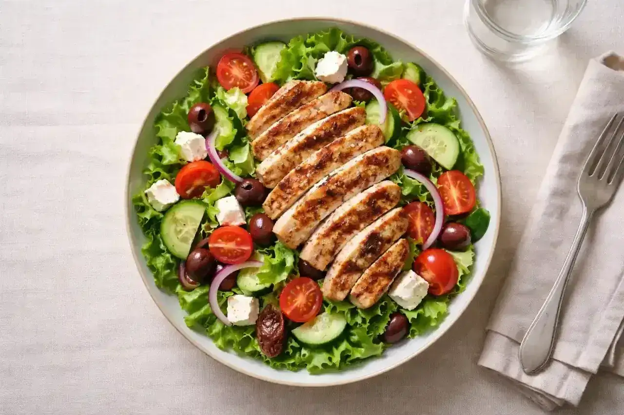 En fräsch sallad med grillad kyckling, inspirerad av Tareq Taylor. Krispig sallad, tomater, gurka, oliver och fetaost.