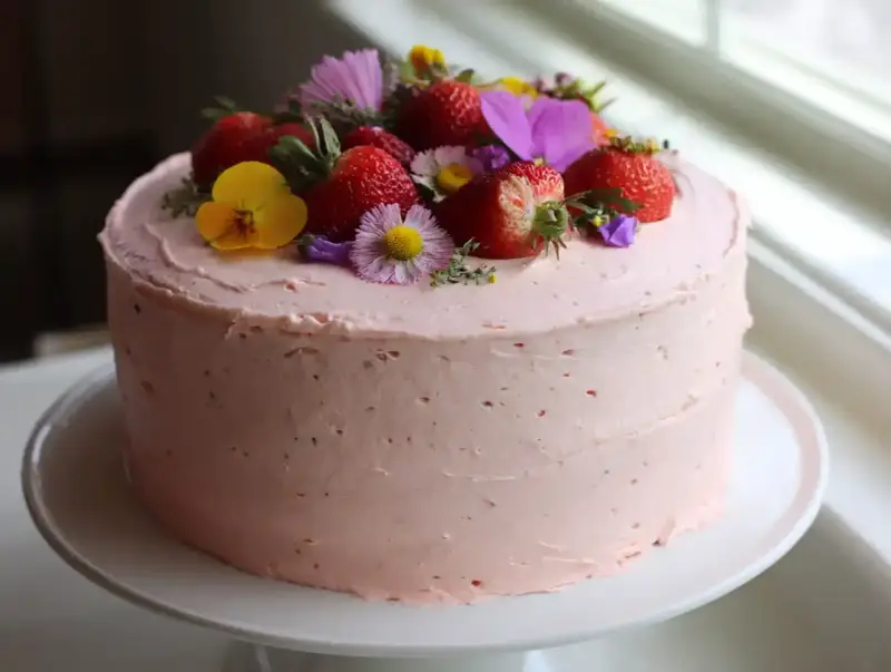 Enkel tårta med rosa frosting, toppad med färska jordgubbar och vilda blommor. En vacker och somrig skapelse.