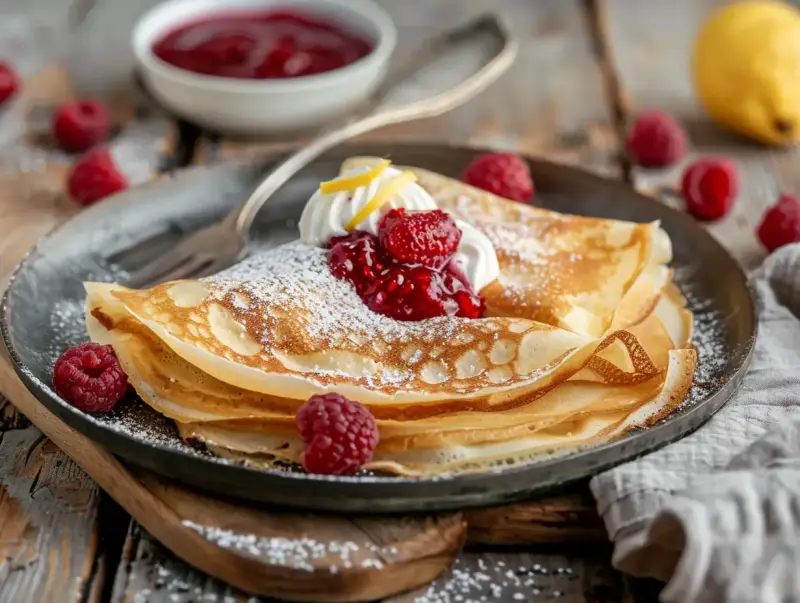 En hög med tunna pannkakor, pudrade med florsocker, toppade med vispgrädde, hallonsylt och färska hallon. Ett perfekt crepes recept för en mysig fika.