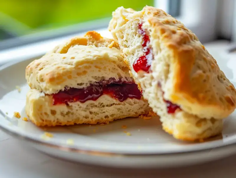 Två fluffiga glutenfria scones med sylt på en vit tallrik. Perfekt för fikat!