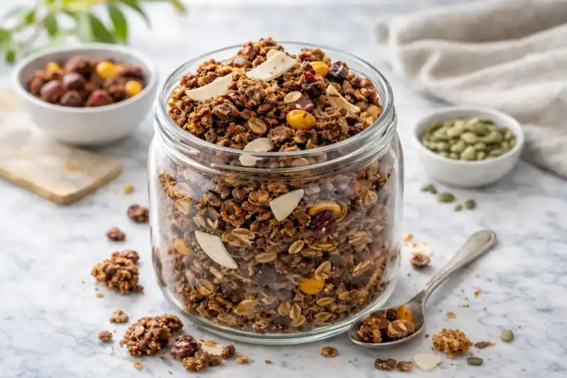 En stor burk fylld med hemgjord granola, perfekt för ett hälsosamt frukostrecept. Nötter, frön och torkad frukt syns tydligt.