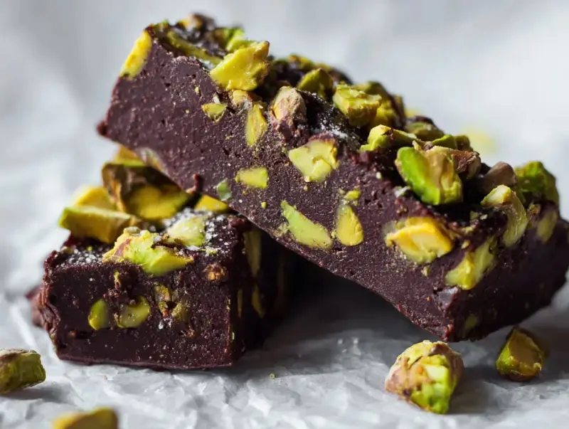 Mörk chokladfudge med pistagenötter, perfekt för ett dubai choklad recept.